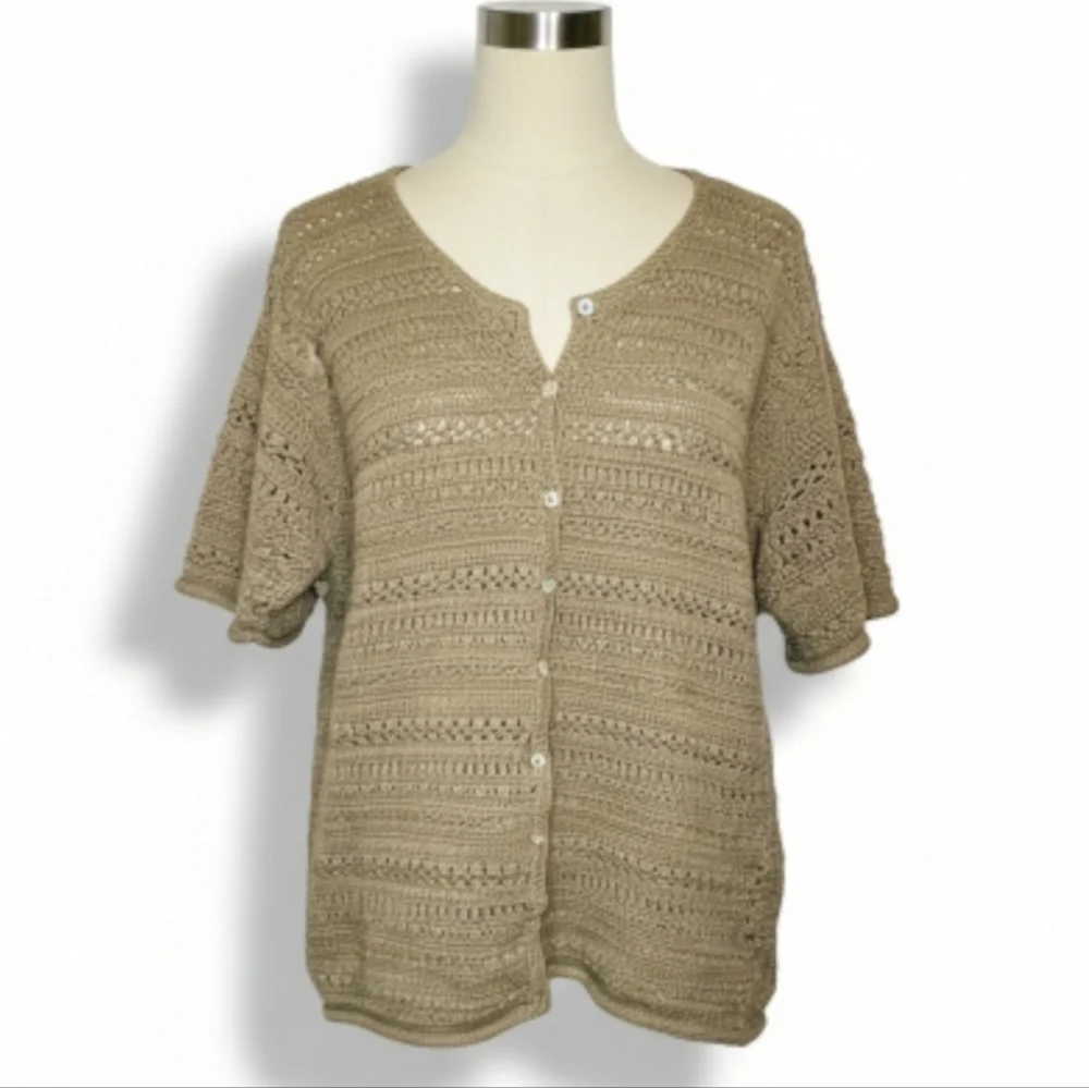 Vintage Claudia D Olive Crochet Cardigan Ramie Cotton Knit Top Large